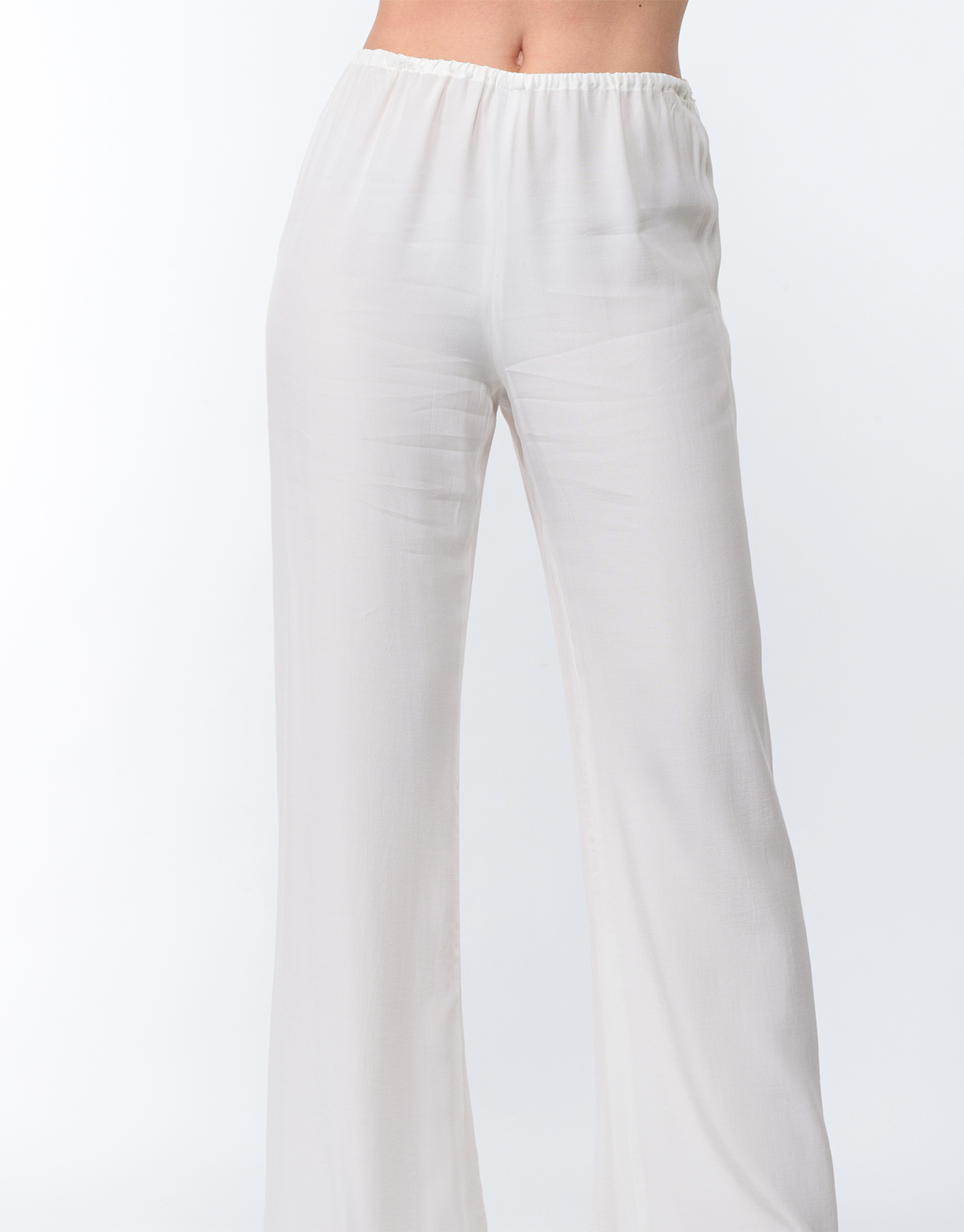 Flowing summer trousers in cotton crepe and white viscose or viscose and lilac silk